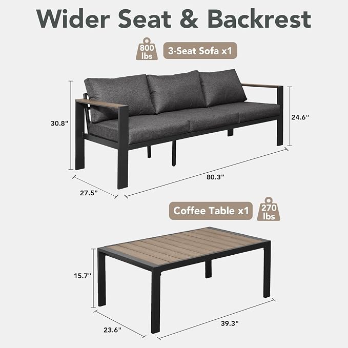 Patio Furniture Set 3 Seats Sofa and Coffee Table All-Weather Patio Sofa with Washable Thick Cushions, Deluxe Aluminum Modern Outside Sectional for Porch, Balcony, Deck, Yard, Dark Gray