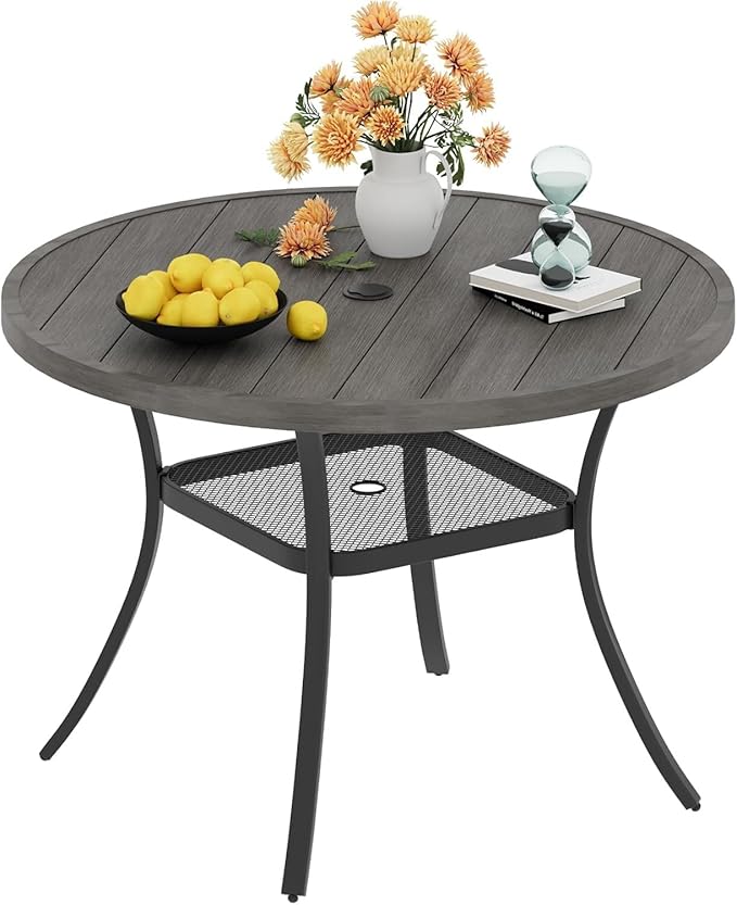 VICLLAX 40.6" Round Metal Outdoor Dining Table for 4, Patio Table with Umbrella Hole and Storage Shelf for Garden, Lawn, Deck, Grey