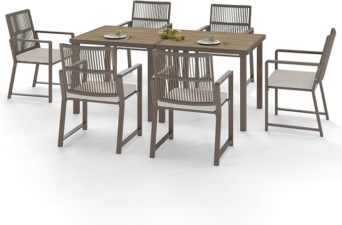 8 Pieces Outdoor Dinning Set Featuring 2 AluminumTables and 6 Iron Alloy Ratten Chairs Waterproof and Rust-Proof Courtyard Style Table Garden Balcony Poolside, Light Brown 8 Pcs