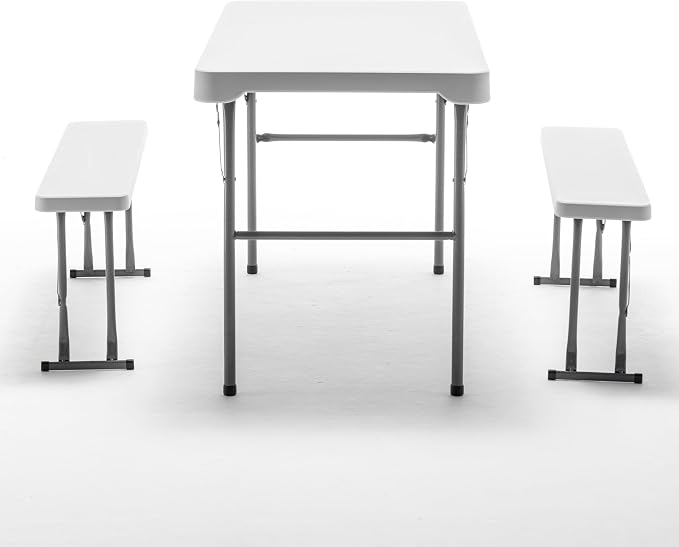 BTEXPERT 3-Piece Set Plastic Portable Folding Beer Picnic Table & Two Benches Seats Foldable Heavy Duty White for Party RV Patio Dining Event Camping Outdoor Activity Commercial Family Home Garden