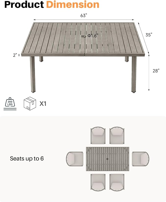 Never-Rust Aluminum Patio Dining Table, 63" x 35" Rectangular Outdoor Dining Table for 6, Outdoor Patio Table with Umbrella Hole for Courtyard, Garden, Veranda, Deck, Gray Oak