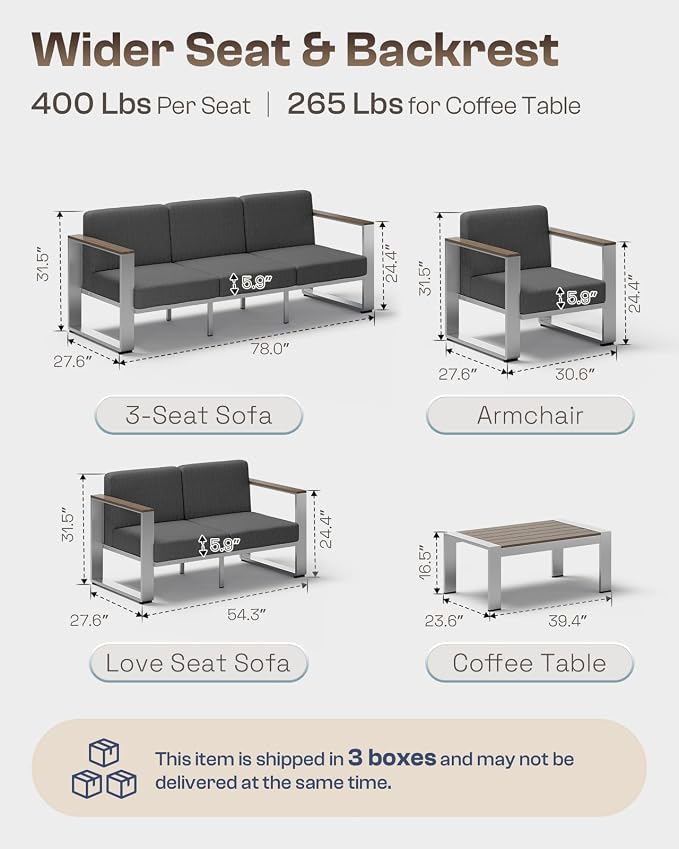 Aluminum Outdoor Furniture Set, 4 Seats Outdoor Patio Conversation Sets with Ergonomic Seat and Wide Washable Thick Cushions, Modern Patio Sectional Furniture for Balcony, Porch (Charocal)