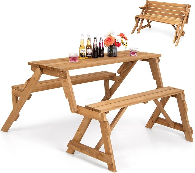 Tangkula 2-in-1 Convertible Wooden Picnic Table, Transforming Interchangeable Outdoor Bench Table with Umbrella Hole, Collapsible Picnic Table and Bench for Garden, Backyard, Porch, Patio