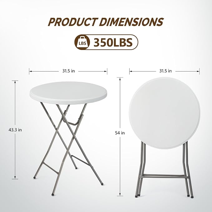 Bonnlo 32" Cocktail Table High Top Table, Folding Round Table Bar Height, HDPE Matrial with Gray Metal Finish for Outdoor Party, Backyard, Dining Room, Wedding Event,White- 2PCS