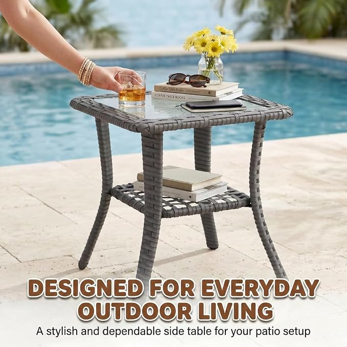 6-Piece Outdoor Patio Furniture Set, Grey Wicker Conversation Set with 4 Swivel Chairs and 2 Side Tables, 6-Inch Blue Cushions for Porch, Deck, Backyard