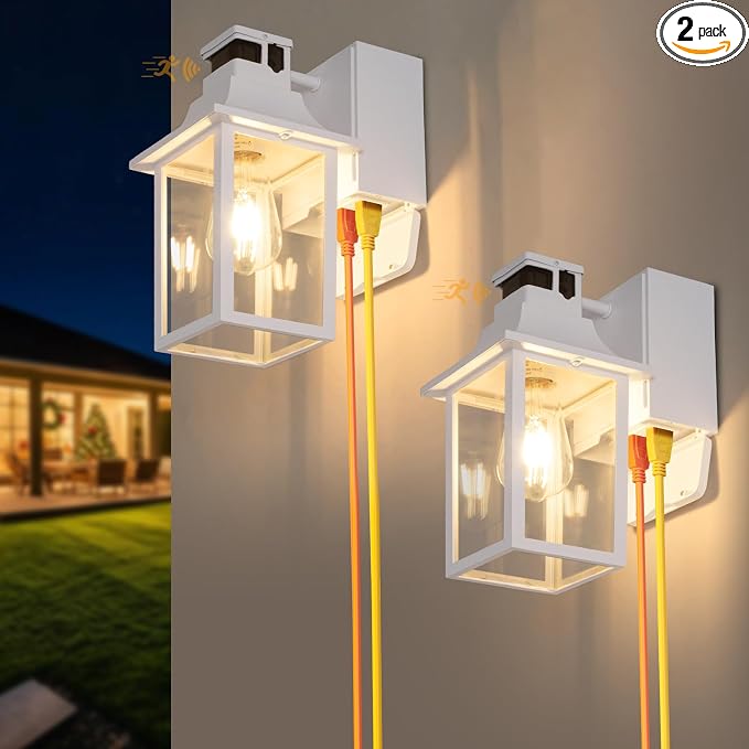 2 Pack White Porch Lights with GFCI Outlet, Dusk to Dawn Outdoor Lighting | 3-Mode Motion Sensor Outdoor Wall Light,Waterproof Aluminum Exterior Wall Sconces for House Front Door and Garage,Patio