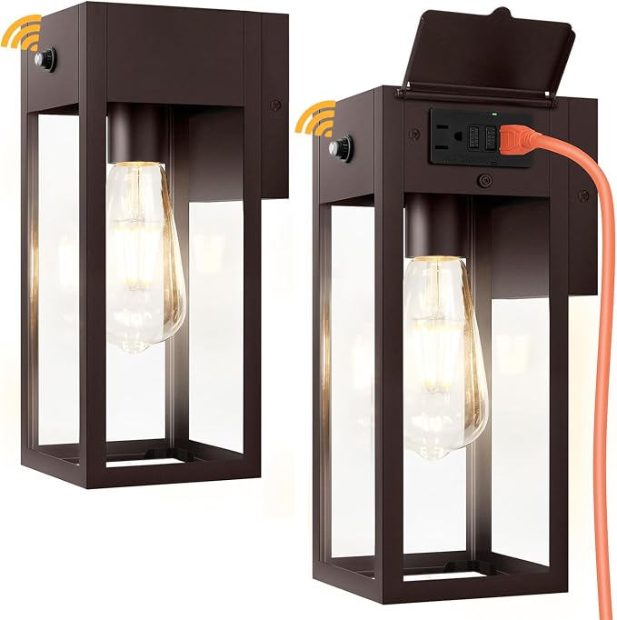 Dusk to Dawn Outdoor Light Fixtures Wall Mount, Outdoor Porch Lights with Outlet, Dusk to Dawn Outdoor Lighting for Doorway, Garage- Bronze