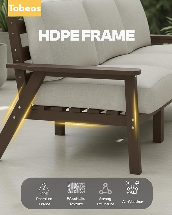 HDPE Patio Furniture Set 8 Seats, Outdoor Couch with Washable Thick Beige Cushions & Side Table, Outdoor Sectional Furniture for Backyard, Deck, Lawn, Porch (Brown Frame)