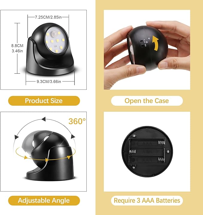 6000K Battery Motion Sensor Light Outdoor Waterproof Wireless LED Battery Powered Wall Light Auto On/Off Night Light 2 Pack Cool White