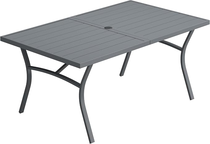 VICLLAX 63" Patio Dining Table for 6, Outdoor Rectangular Metal Table with Umbrella Hole for Porch Backyard Garden Deck, Dark Grey