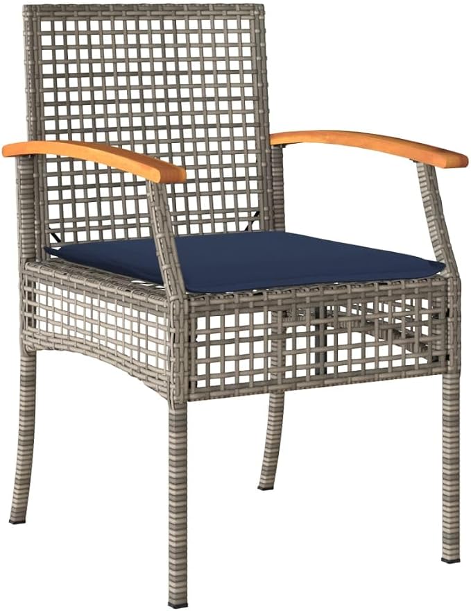 3 Piece Patio Dining Set with Cushions Gray Poly Rattan Outdoor Bistro Table and 2 Chairs for Garden Backyard Deck Patio Furniture with Tempered Glass Top Navy Blue Cushions