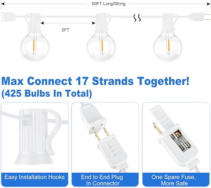 Bosceos Outdoor G40 LED Globe String Lights Waterproof 50FT, White Wire | Dimmable Shatterproof Patio Lights with 25+2 Bulbs Connectable Commercial Hanging Light for Patio Balcony Backyard Party