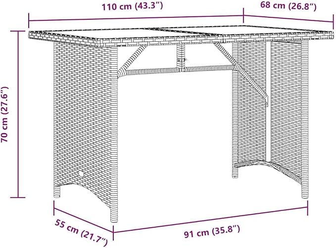 vidaXL Patio Table with Glass Top – Brown Rectangular Outdoor Furniture for Garden/Patio – Durable Poly Rattan and Steel Frame, UV-, 43.3"x26.8"x27.6"