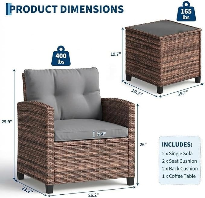 Garvee 3 Piece PE Rattan Patio Furniture Set, Outdoor Chairs and Table Set with Tempered Glass Tabletop and Cushions, Patio Conversation Set for Patio, Balcony, Poolside, Brown and Grey