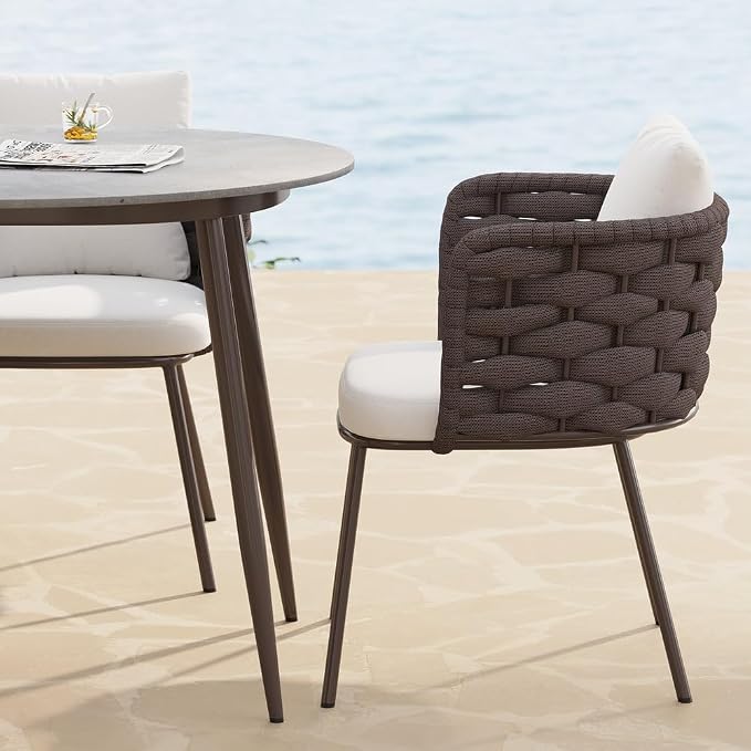 7-Piece Outdoor Dining Set - 70.9'' Sintered Stone Top Dining Table with 6 Rope Woven Armchairs, Aluminum Frame, and Cushions for Patio, Garden, and Outdoor Dining