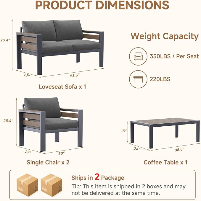 SUNYRISY Aluminum Outdoor Patio Furniture Set with Coffee Table, 4 Piece Metal Outdoor Modern Conversation Sets with Thick Cushions, Sectional Sofa Couch Set for Porch, Deck, Backyard
