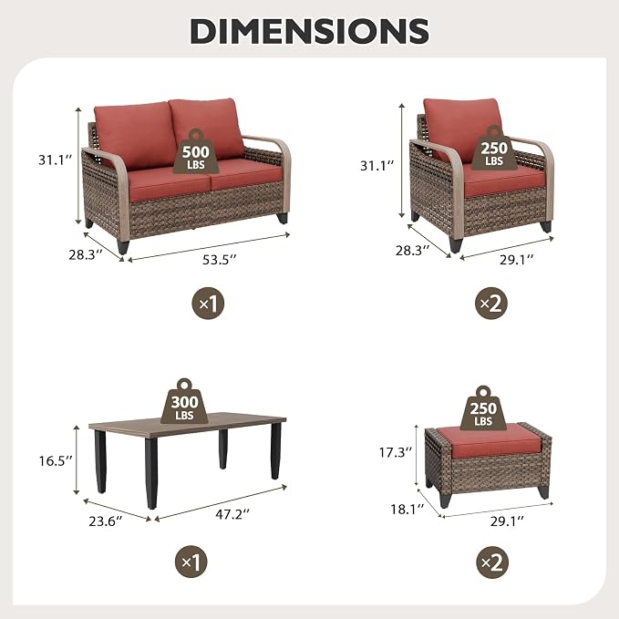 EAGLE PEAK Modern Wicker Outdoor Patio Furniture Set, Patio Conversation Set, 2 Chairs, 2-Seat Loveseat, 2 Ottomans and Coffee Table, 6 Pieces, Brown/Red