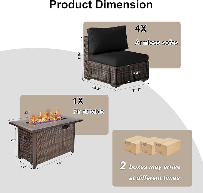 5 Piece Patio Furniture Set with Fire Pit Table, Outdoor Sectional Sofa PE Rattan, Patio Conversation Sets with Cushions for Garden Lawn Balcony Porch Deck Black