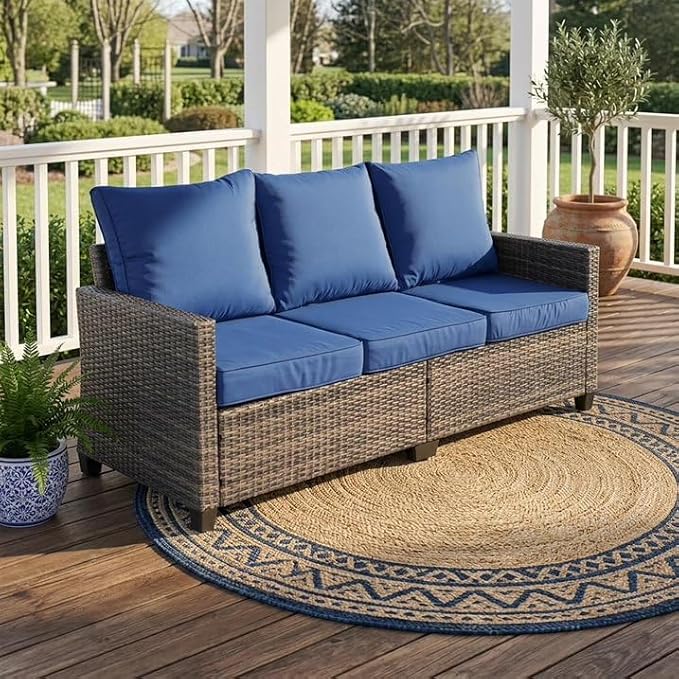 LAUSAINT HOME 3 Pieces Outdoor Patio Furniture, Outdoor Sectional Sofa Patio Furniture Sets Wicker Rattan Patio Conversation Sets with Cushion and Glass Table (Dark Blue)