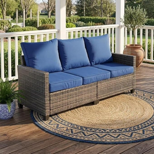 LAUSAINT HOME 3 Pieces Outdoor Patio Furniture, Outdoor Sectional Sofa Patio Furniture Sets Wicker Rattan Patio Conversation Sets with Cushion and Glass Table (Dark Blue)