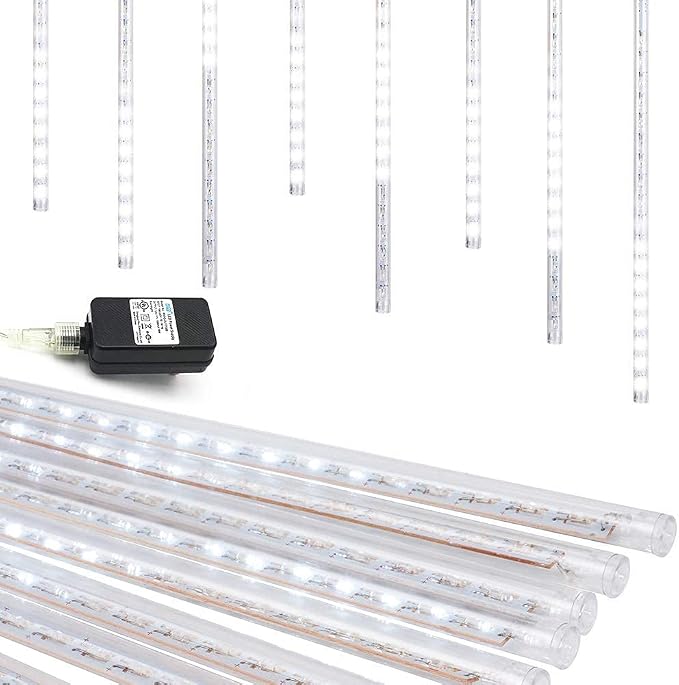 Weepong Christmas Lights Outdoor UL Certified Meteor Shower Lights 12 Inch 8 Tubes 192 LED Falling Rain Drop Icicle Snow Cascading Light for Xmas Tree Wedding Party Garden Decoration, White