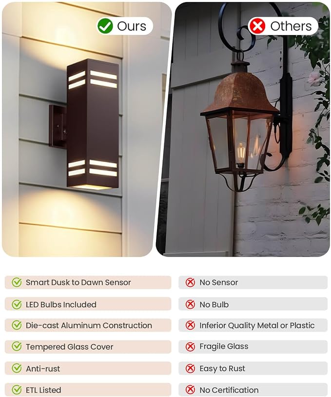 SHIMR Dusk to Dawn Outdoor Lighting, Modern Sconce, ETL Listed, 2 Pack | Bronze, Waterproof Aluminum Exterior Lighting Fixture, E26 Base, LED Bulbs Include, Up and Down Lights for Porch Garage Patio
