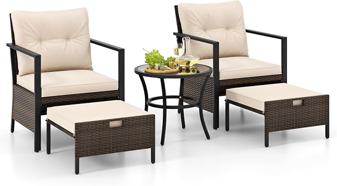 Tangkula 5 Piece Outdoor Furniture Set, Rattan Chairs & Ottomans w/Round Glass Topped Coffee Table, Space Saving Cushioned Patio Conversation Set for Backyard, Poolside (Off White)