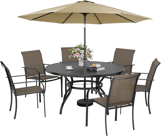 7-Piece Patio Dining Set with Umbrella,6 Person Outdoor Table and Chairs Set, 6 Metal Dining Chairs and Round Outdoor Table with 1.57" Umbrella Hole,Khaki