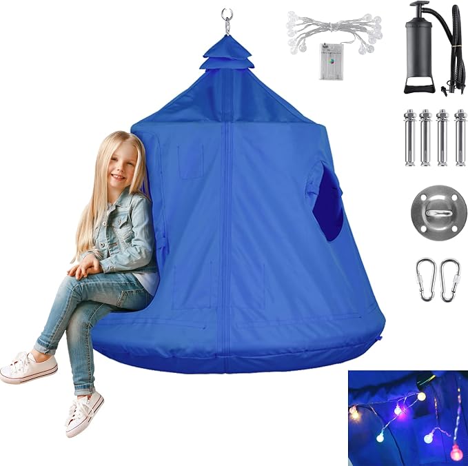 Hanging Tree Tent for Kid, Indoor Outdoor Hanging Tent, Waterproof Tree Ceiling Pod, Portable Hang Out Huggle Pod Play Tent w/Rainbow Lights String, Inflatable Base, 45" H x 44" W 330lbs