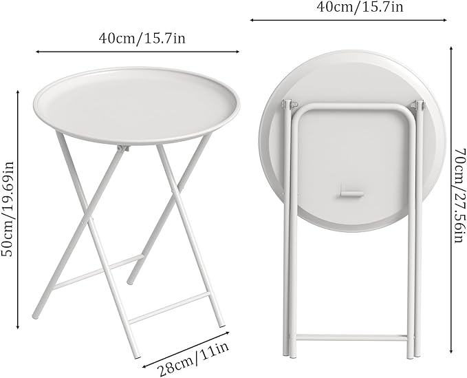 Garden 4 you Folding TV Tray Table, Metal Round Side Table, White Dinner Table with Metal Frame, Modern Outdoor Tray Table for Living Room, Bedroom, Patio & Small Spaces, 2 Packs