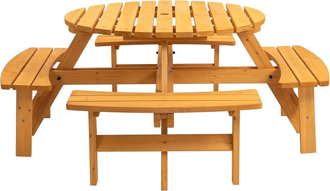 8 Person Outdoor Picnic Table with 4 Built-in Benches Round Wood Picnic Table with Umbrella Hole, Outside Picnic Tables and Bench Set for Garden,Patio, Backyard,2220LBS Total Capacity,Natural