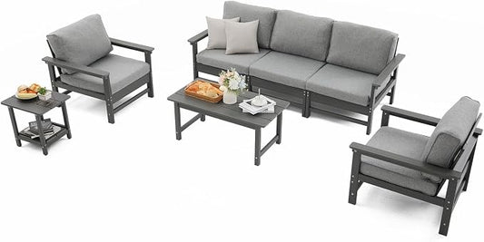HDPE Outdoor Patio Furniture Set with Cushions, 7 Piece Patio Conversation Set Sofa Set,All Weather Outdoor Couch Set with Coffee Table for Lawn, Garden, Deck