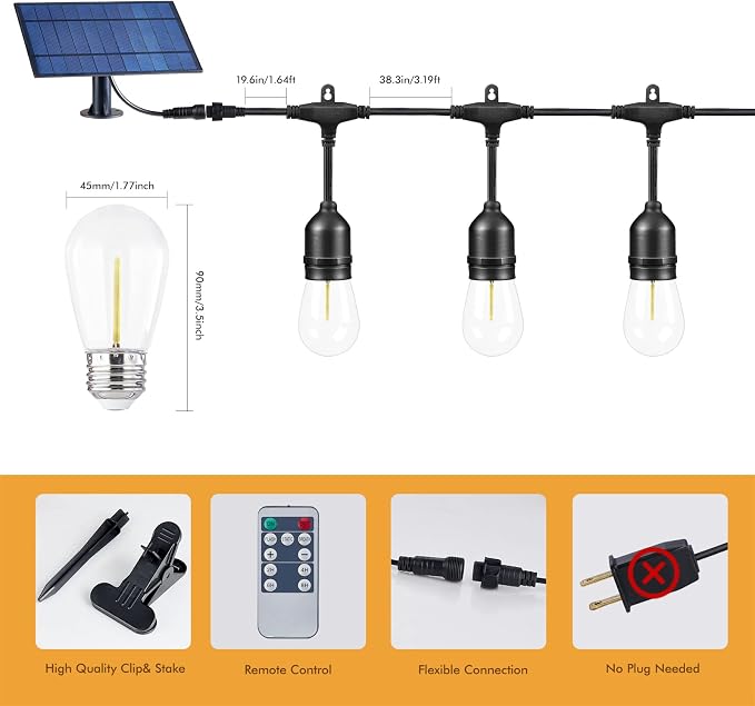 Outdoor Solar String Lights, Patio String Lights with Bright 2W Shatterproof LED Bulbs for Patio, Backyard, Party, Porch, Bistro, Cafe Bar, Garden (Solar, 96 FT)