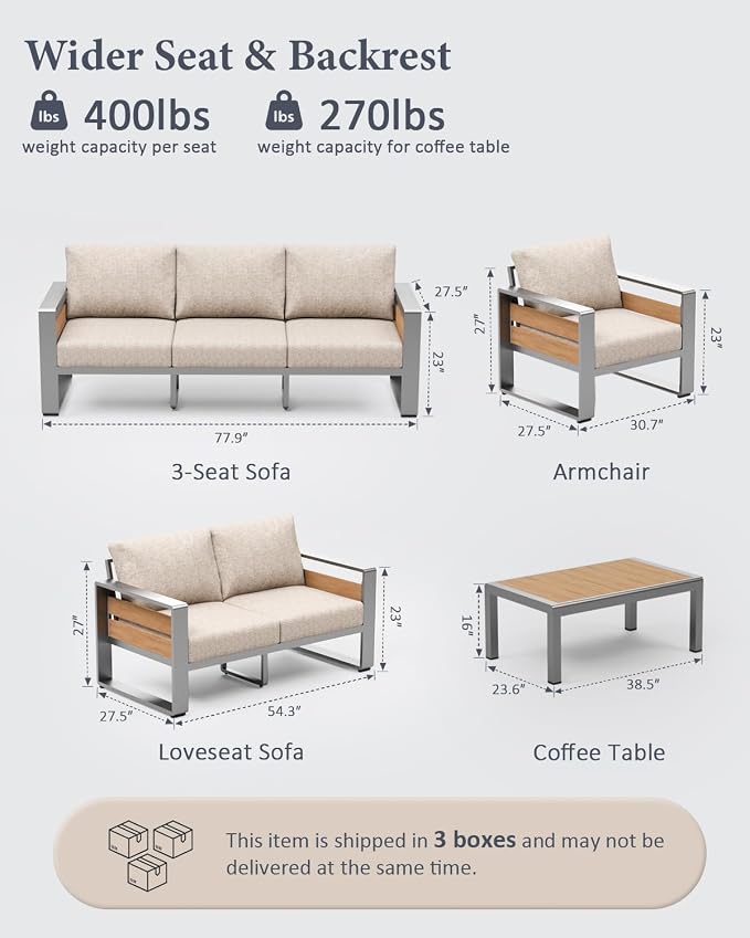 ZANDOR Aluminum Outdoor Patio Furniture-Loveseat with Table,Sliver | Rustproof,High weight capacity,Water-repellent,Washable Cover,All-Weather Resistant,Easy clean,for Poolside Backyard Deck