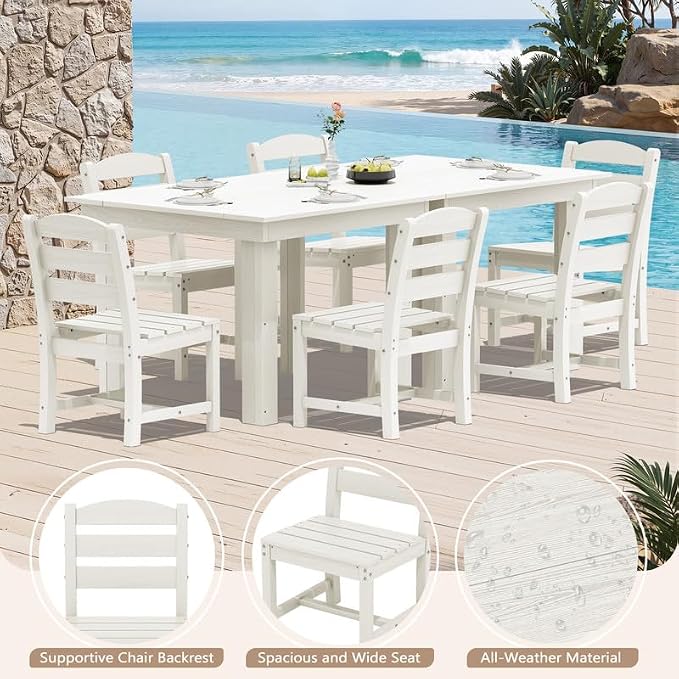 KINGYES 8-Piece HDPE Outdoor Dining Set for 6, Square Patio Table & Armless Chairs with Umbrella Hole, All-Weather Patio Dining Set for Backyard, Garden, Lawn & Poolside, White
