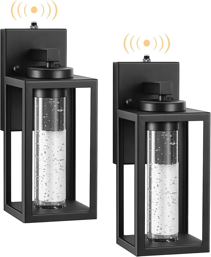 VIANIS 2 Pack Exterior Garage Lighting Fixtures Wall Mount, Modern Black Outdoor Porch Lights for House with Crystal Bubble Glass, 100% Aluminum Built-in 10W LED Outdoor Wall Sconce Lights Lantern