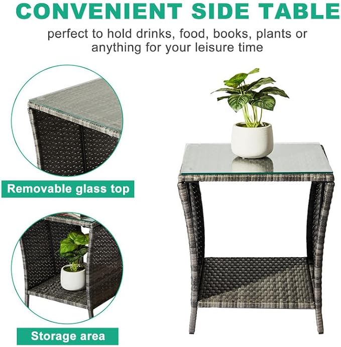 NOLLAM Patio Wicker Side Table, Outdoor PE Rattan End Table with Glass Tabletop and 2-Tier Storage Shelf, 18"" Square Coffee Table for Outside Deck Porch Garden Backyard, Load 110 LBS, Gray, Grey