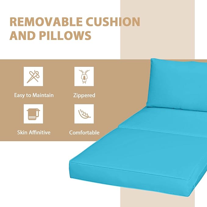 DORTALA Wicker Patio Furniture Set 5 Piece, Outdoor Conversation Sets with Chairs, Ottomans, Tempered Glass Table, Cushions, All Weather Rattan Sofa Couch for Balcony, Porch, Backyard, Deck, Turquoise