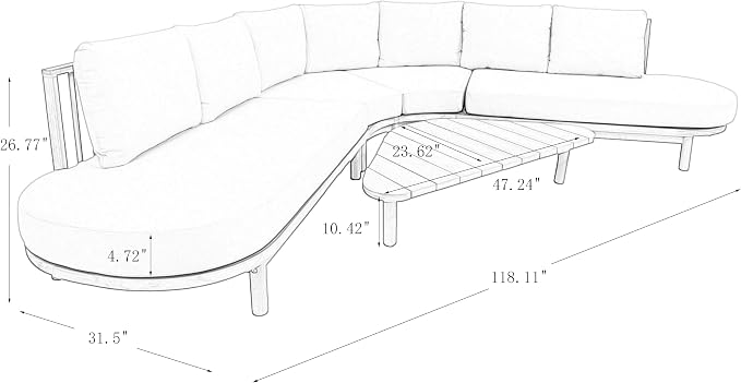 Merax 5 Piece Patio Acacia Wood Curved Sectional Sofa Set, Outdoor Half- Moon Sofa Couch with Waterproof Cushions, 1 Coffee Table for Garden, Lawn, Backyard, Poolside, Beige+Brown
