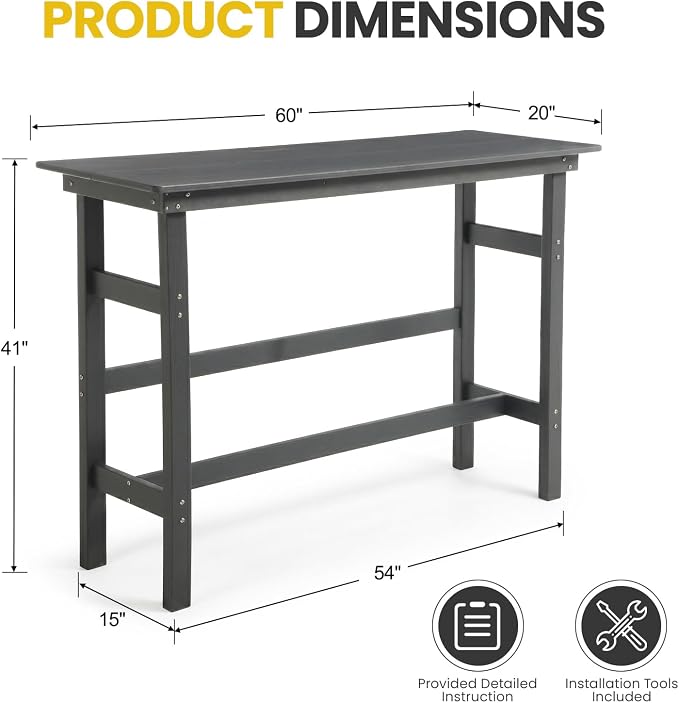 41.25" Outdoor Bar Table, Heavy Duty HDPE Console Table, Weather-Resistant Outdoor Console Table, Modern Bar Height Pub Table for Poolside/Garden/Backyard/Deck/Patio Furniture, Grey