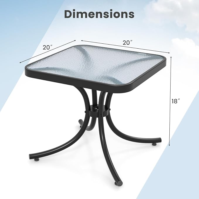 Tangkula Outdoor Side Table, 20 Inches Square End Table with Tempered Glass Top, Metal Frame, Small Patio Table for Garden, Backyard, Balcony, Poolside, Porch (1)