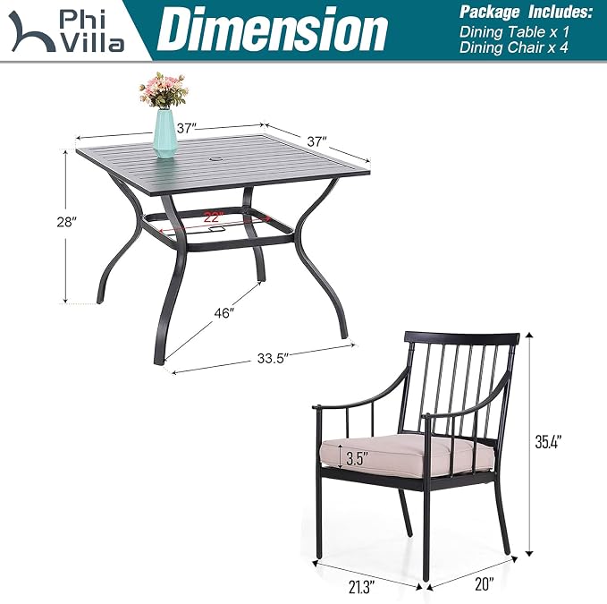 PHI VILLA 5-Piece Patio Dining Set, 37" Square Steel Table, Fixed Chairs | Cushions Chairs, Umbrella Hole, All-Weather Use