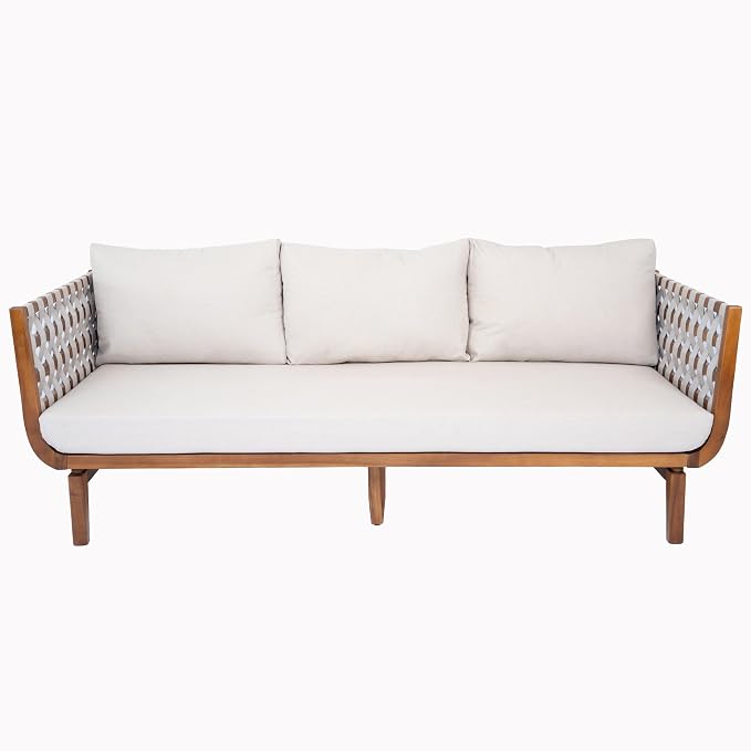 Merax 3 Piece Outdoor Patio Furniture Set,All-Weather Acacia Wood Sectional Sofa with Ottoman,1 Coffee Table for Porch, Lawn, Backyard, Balcon,Beige Rope & Water-Repellent Fabric Cushions,Teak+ Beige