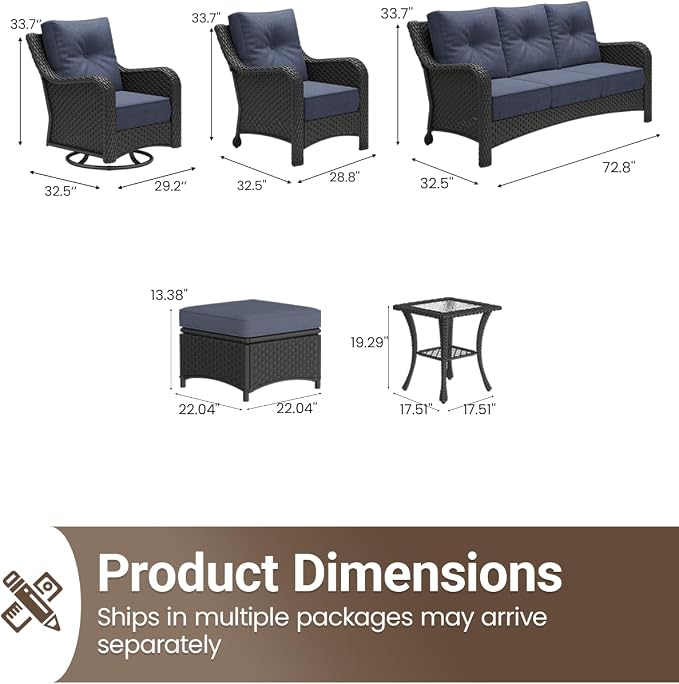 9 Pieces Outdoor Furniture Set with 6-inch Cushions, High Back Wicker Swivel Rocker Chairs with Coffee Table, Luxury Conversation Set for Deck Patio and Poolside