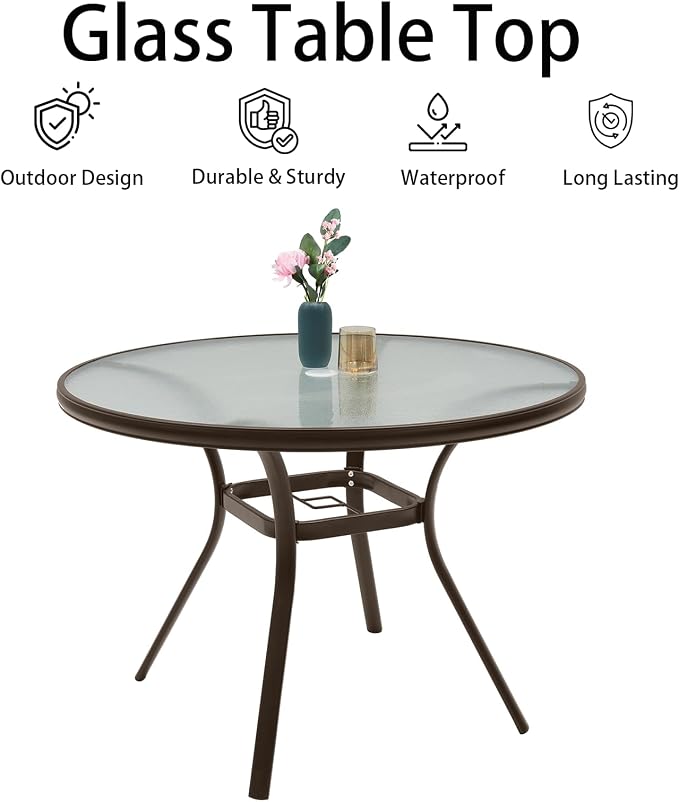 Anmutig Round Outdoor Dining Table for 4 Person, 40 inch Glass Top, Brown Powder-Coated Frame with Umbrella Hole Outdoor Furniture