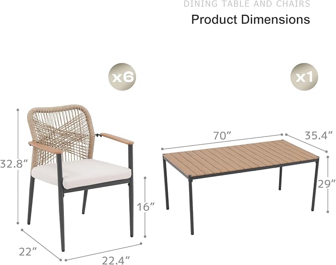 SUNSITT 7 Piece Outdoor Patio Dining Set, Patio Dining Furniture Set with 70” Metal Dining Table w/WPC Tabletop and 6 Woven Rope Patio Chairs w/WPC Armrests for Garden, Beige
