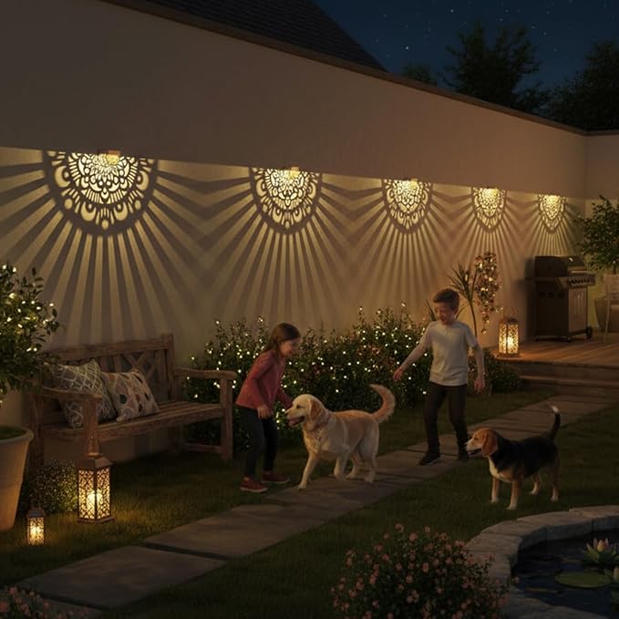 6 Pack Solar Fence Lights Outdoor Wall Lights Gold Plastic Solar Powered Deck Step Stair Lights Mandala Theme Waterproof Fence Solar Light for Garden Post Patio Backyard Yard Decor
