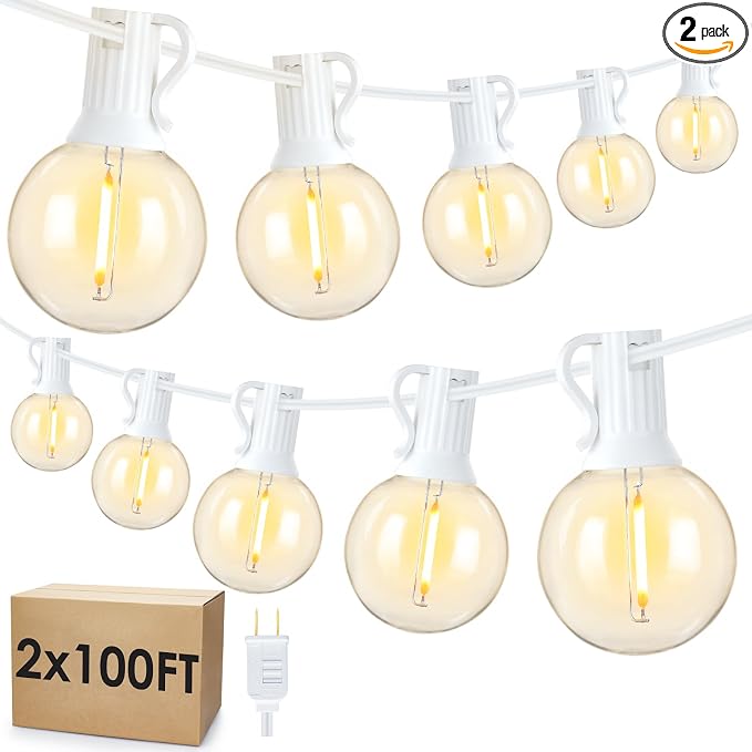 200Ft(2x100Ft) LED Outdoor String Lights, Dimmable G40 Globe Patio Lights with 100+5 2700K Waterproof Bulbs for Balcony-White Cord 2 Pack