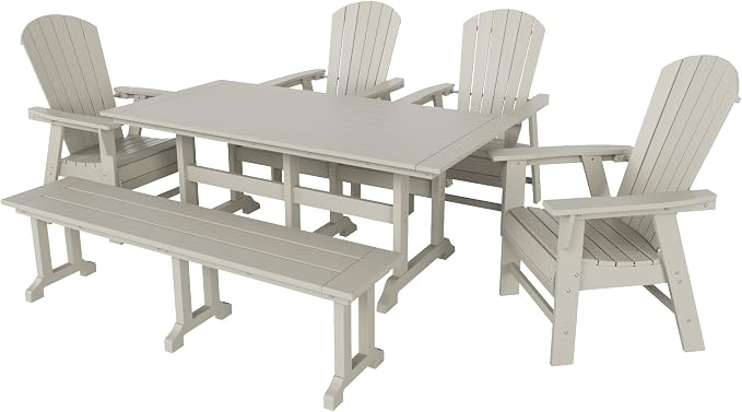 WestinTrends Dylan Adirondack Patio Dining Set for 6, All Weather Poly Lumber Outdoor Table and Chairs Set of 4, 71" Trestle Table and Adirondack Dining Chair with Dining Bench, Sand