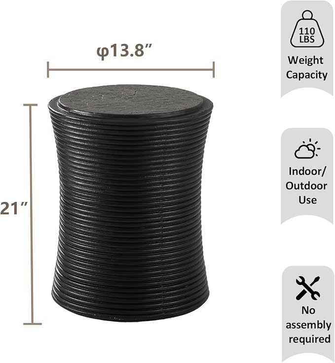 HOMPUS Concrete Outdoor Side Table w Cylindrical Thread, Round Coffee Table, Home Decor Plant Stand Outdoor Accent Table Patio Drum End Table for Living Room, Bedroom or Balcony, Black